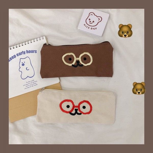 Ins Han style simple embroidery bear canvas pen bag cartoon lovely student girl heart stationery bag storage bag female