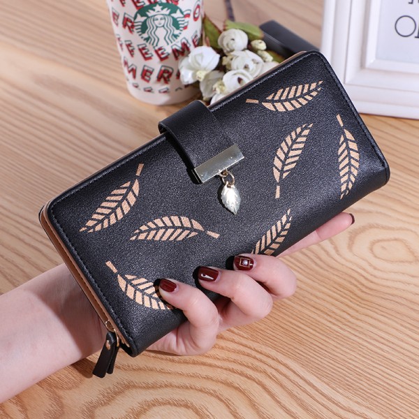  new women's wallet printed leaf wallet wallet Korean two fold zipper long card bag hand bag 