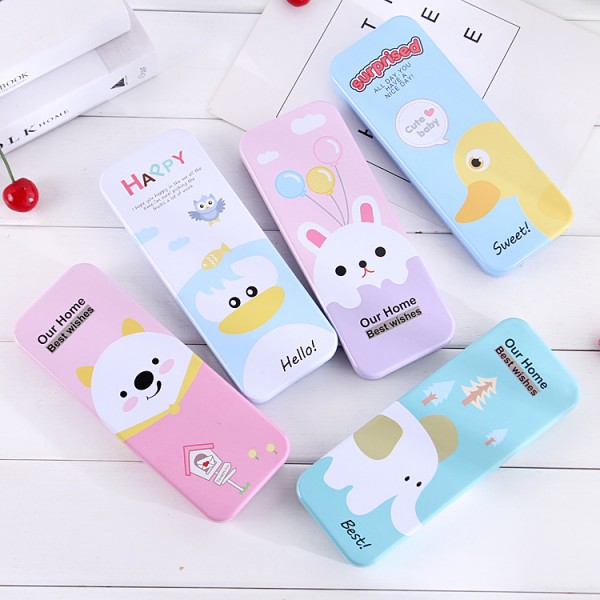 Double pencil box for boys and girls, creative stationery box for primary school students, lovely animal tinplate, children's school supplies