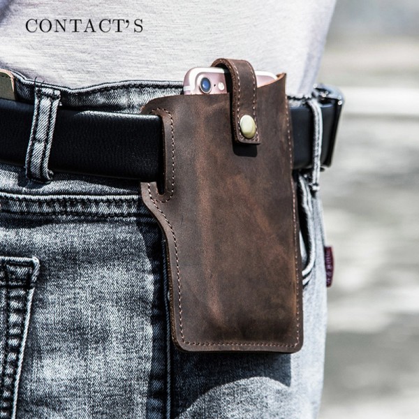 Black Angel retro Crazy Horse Leather European and American fashion outdoor sports mobile phone bag multifunctional small leather mobile phone waist bag 