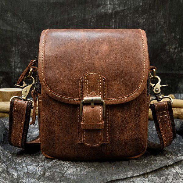 Vintage Crazy Horse Leather Brown waist bag outdoor multi-purpose waist bag men's Leather Messenger Bag 