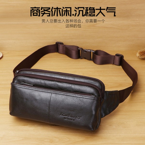 Men's leather waist bag Korean version trendy men's chest bag head leather multifunctional mobile phone waist bag 8-inch flat messenger bag 