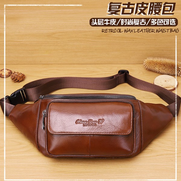 Men's multifunctional waist bag leather messenger waist bag Korean version tide men's chest bag head leather mobile phone waist bag certificate bag 