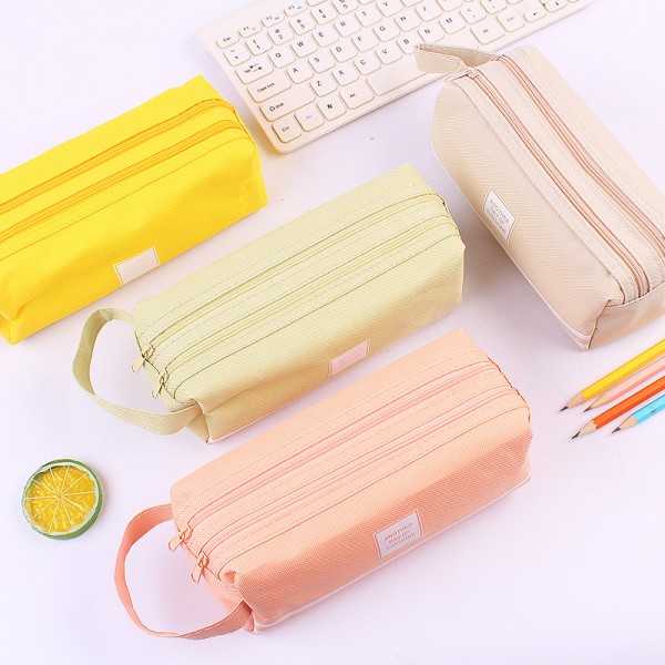 Korean new student stationery bag large capacity canvas pen bag solid color small fresh double-layer multifunctional stationery box