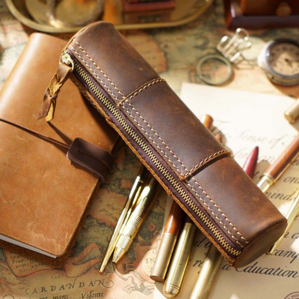 New Retro Leather Zipper pen bag top layer Crazy Horse Leather manual zero wallet student pen bag stationery storage bag