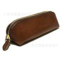 Japanese crazy horse leather zipper men's and women's pen bag retro simple vegetable tanned cow leather large capacity leather pen bag
