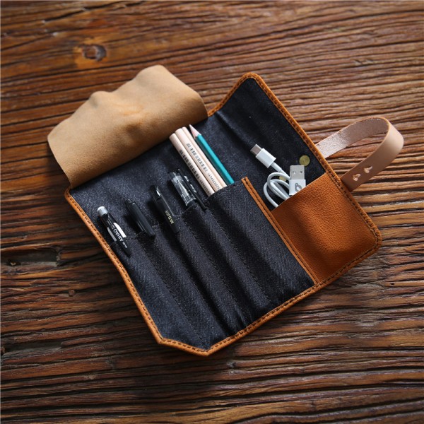 Manual men's leather pen bag top leather tool kit women's cosmetic bag drum type tool kit storage stationery bag